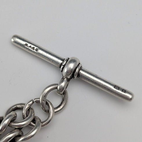Circa 1910 British Antique Sterling Silver Extra Thick Albert Chain, 62g, Teddy Bear Fob